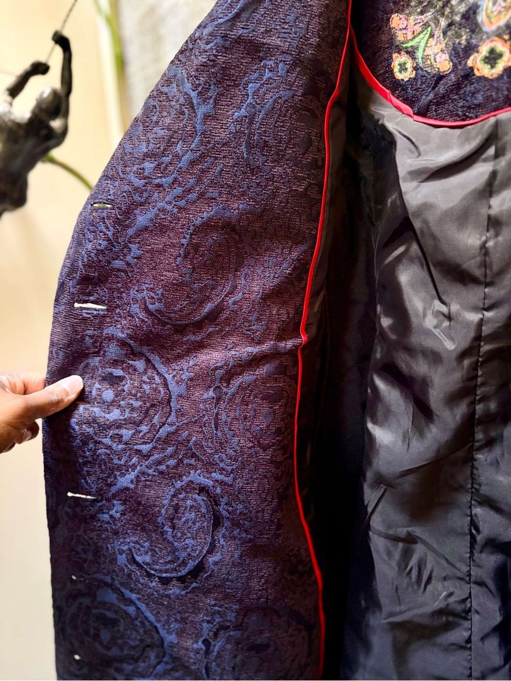 Desigual | "Dream" Long Floral Embroidered Jacquard Coat - Women 44/M, Navy/Blk - Picture 12 of 16